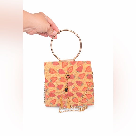 None Handbags - Strawberry Print Yellow Top-Handle Women’s Cork Bag with Gold Ring